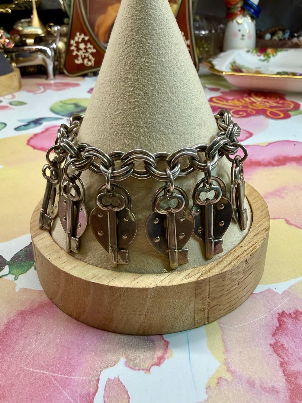 Vintage Heart & Key Silver Charm Bracelet